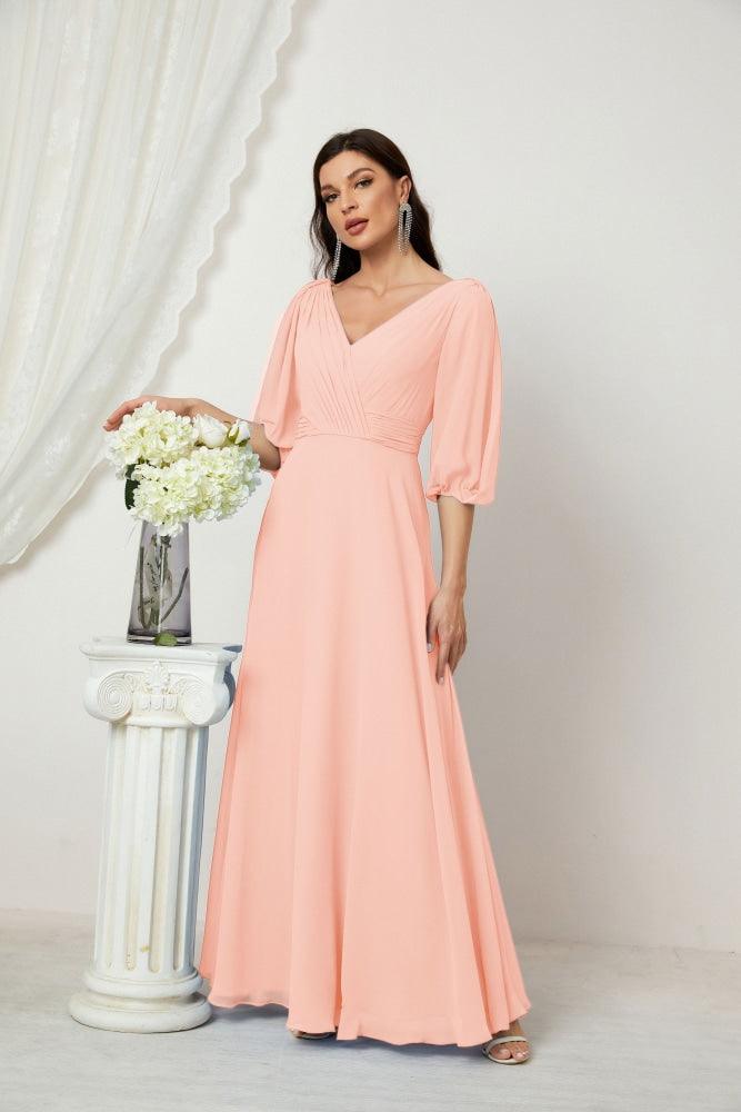 Numbersea Formal Prom Gown Women V-Neck Chiffon Bridesmaid Dresses Long Bishop Sleeve Party Dress 2807-numbersea