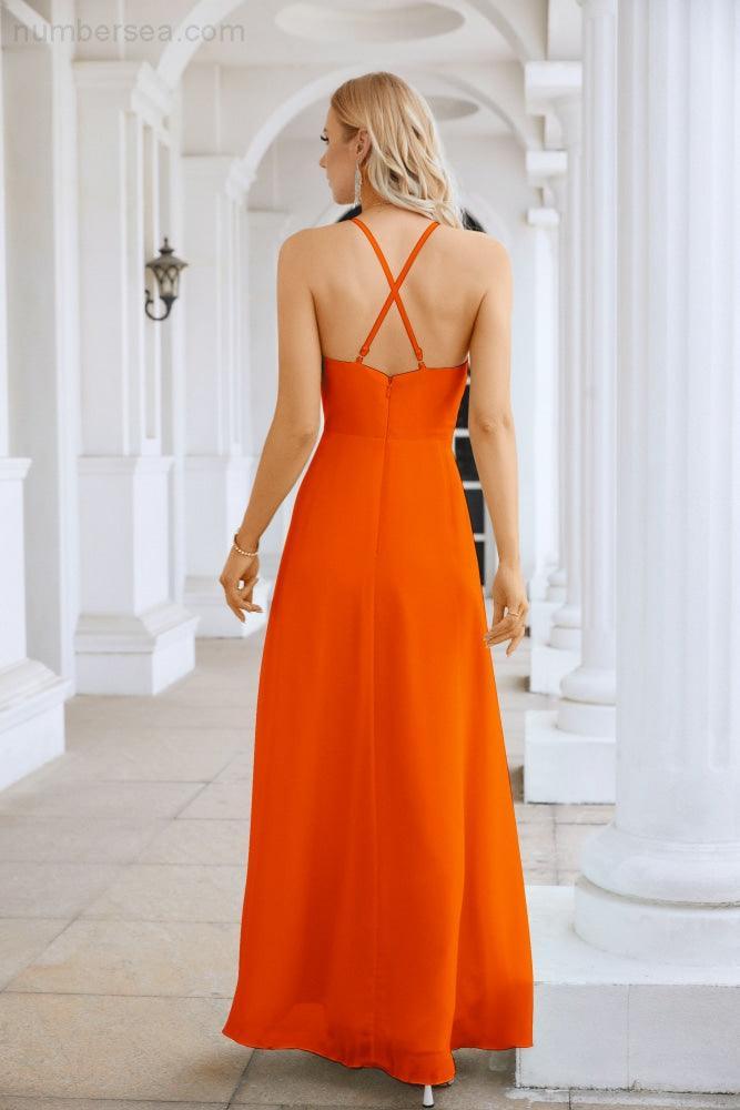 Ladies Chiffon Spaghetti Strap V Neck Front Slit Floor Length Bridesmaid Evening Dress Prom Party Wedding Evening Dress 28116-numbersea