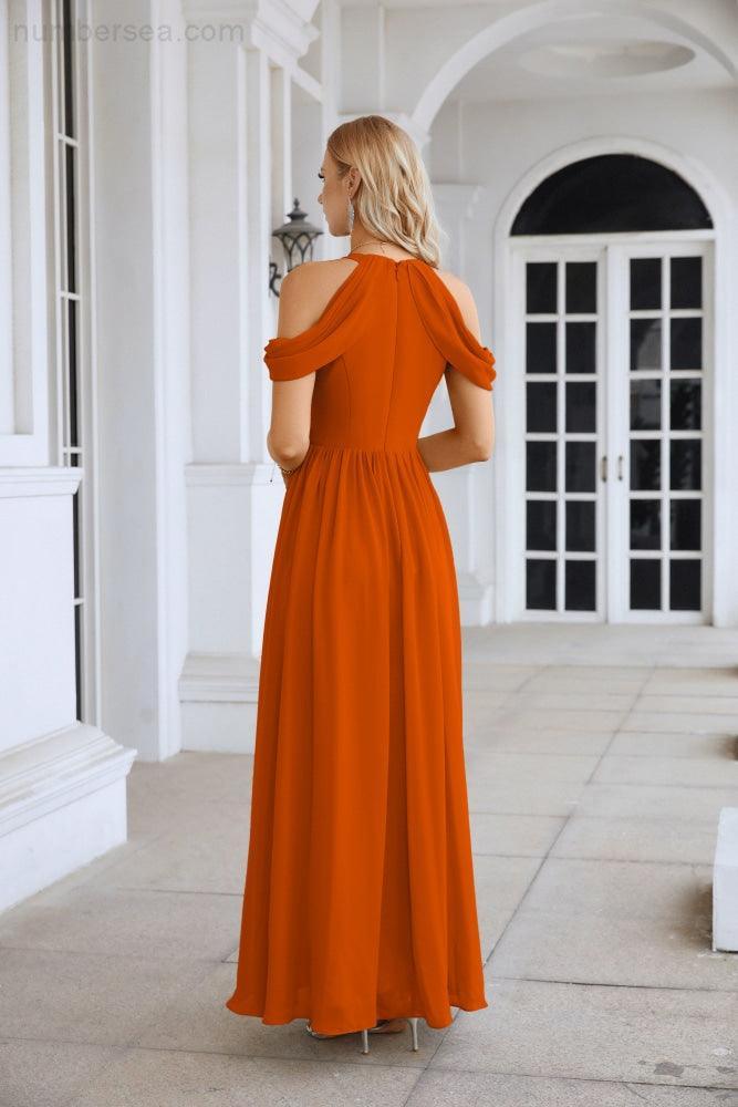 Ladies Chiffon Off Shoulder Swing Sleeve Front Slit Bridesmaid Evening Dress Wedding Party Evening Dress 28117-numbersea