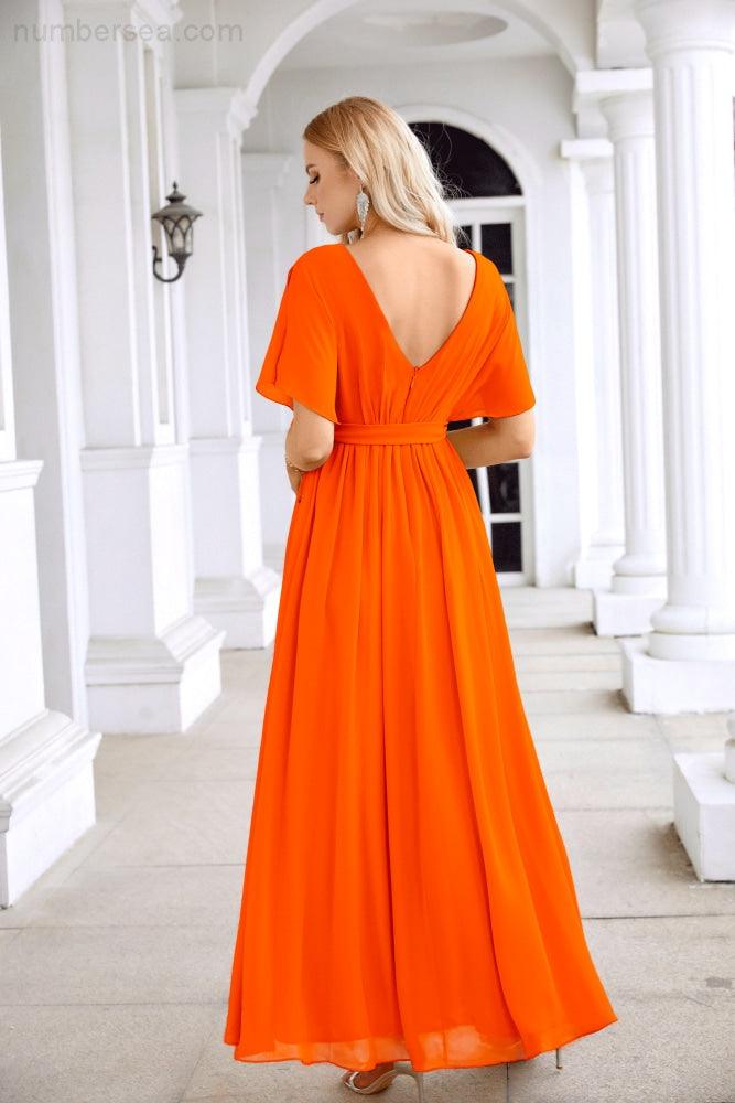 Ladies Chiffon Sleeve Crew Neck Front Slit Floor Length Bridesmaid Evening Dress Wedding Party Evening Dress 28124-numbersea