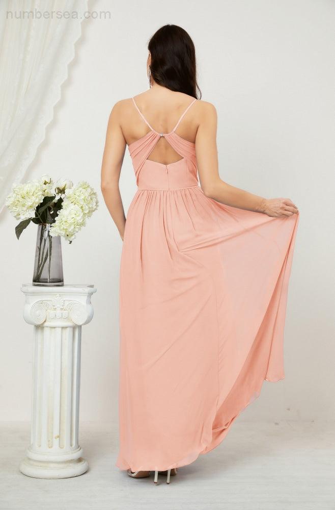 Numbersea Neck Bridesmaid Dresses Chiffon Long Spaghetti A-line Formal Prom Gown for Wedding Party Evening 2801-numbersea