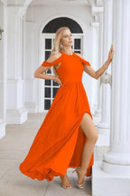 Ladies Chiffon Off Shoulder Swing Sleeve Front Slit Bridesmaid Evening Dress Wedding Party Evening Dress 28117-numbersea