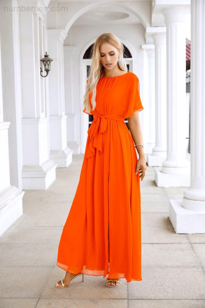 Ladies Chiffon Sleeve Crew Neck Front Slit Floor Length Bridesmaid Evening Dress Wedding Party Evening Dress 28124-numbersea