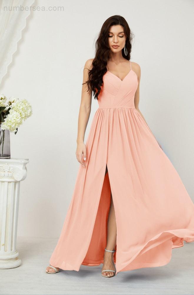 Numbersea Neck Bridesmaid Dresses Chiffon Long Spaghetti A-line Formal Prom Gown for Wedding Party Evening 2801-numbersea