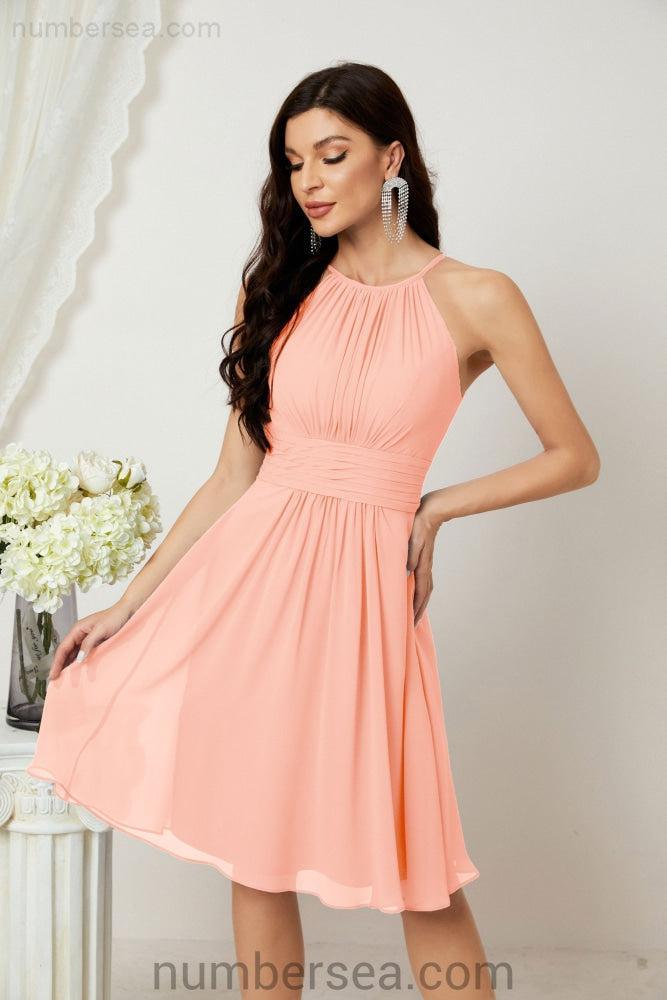 Halter Bridesmaid Dresses Knee Length A Line Formal Evening Party Cocktail Dress 28011
