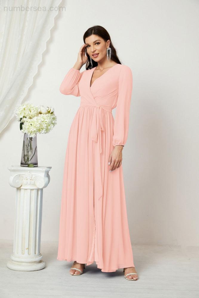 Numbersea Evening Dresses Deep V-Neck Chiffon Bridesmaid Dresses Long Bishop Sleeve Side Split Formal Dress 2806-numbersea