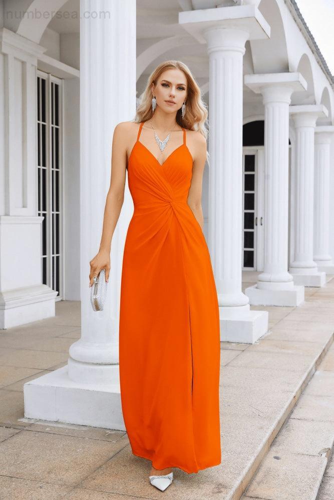 Ladies Chiffon Spaghetti Strap V Neck Front Slit Floor Length Bridesmaid Evening Dress Prom Party Wedding Evening Dress 28116-numbersea