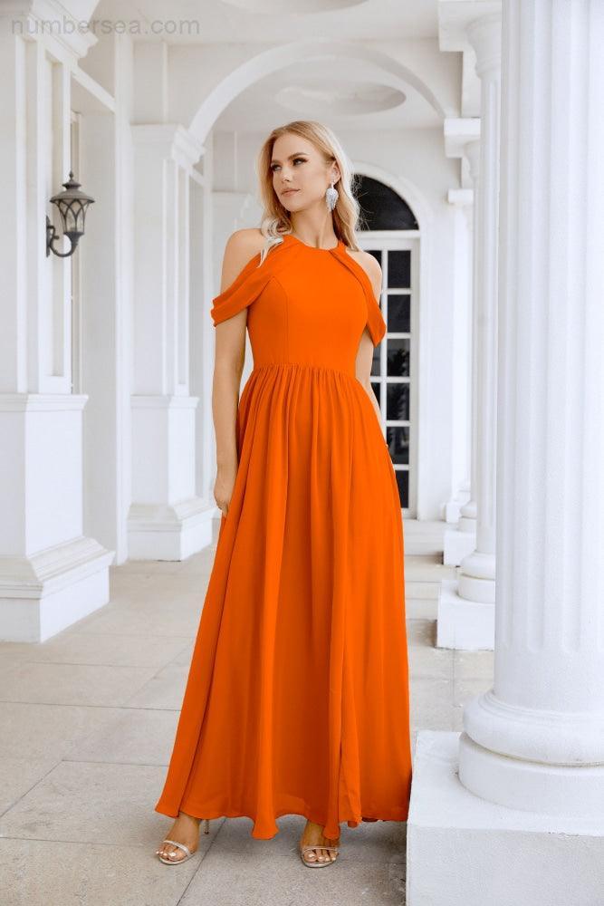 Ladies Chiffon Off Shoulder Swing Sleeve Front Slit Bridesmaid Evening Dress Wedding Party Evening Dress 28117-numbersea