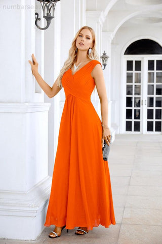 Ladies Chiffon V Neck Sleeveless Floor Length Bridesmaid Evening Dress Wedding Party Evening Dress 28126-numbersea