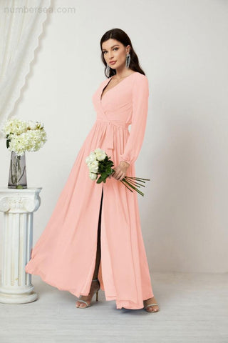 Numbersea Evening Dresses Deep V-Neck Chiffon Bridesmaid Dresses Long Bishop Sleeve Side Split Formal Dress 2806-numbersea