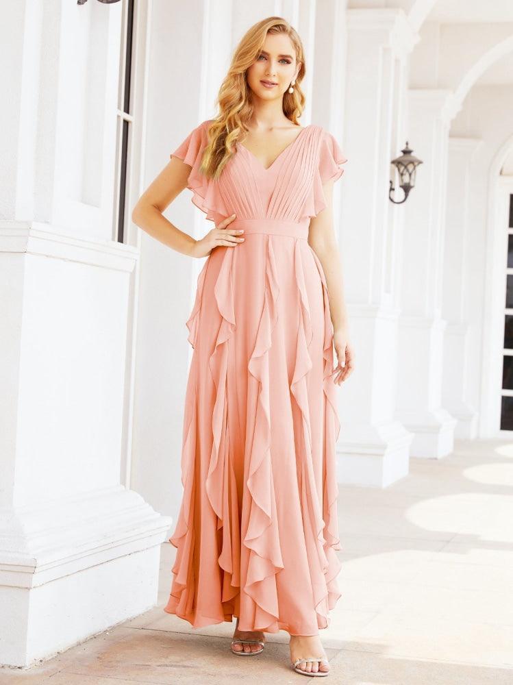 Ruffled Bridesmaid Dresses with Sleeves Long Formal Party Dress 28041-numbersea