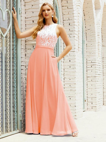 Lace Bridesmaid Dress Floor Length Evening Gowns with Pockets 28017-numbersea