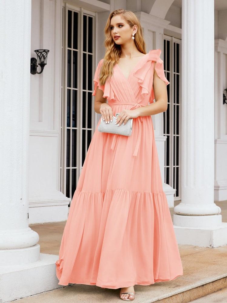Numbersea Women's Open Back Formal Evening Party Prom Gowns V-Neck Long Chiffon Bridesmaid Dresses with Waist Belt 28038-numbersea