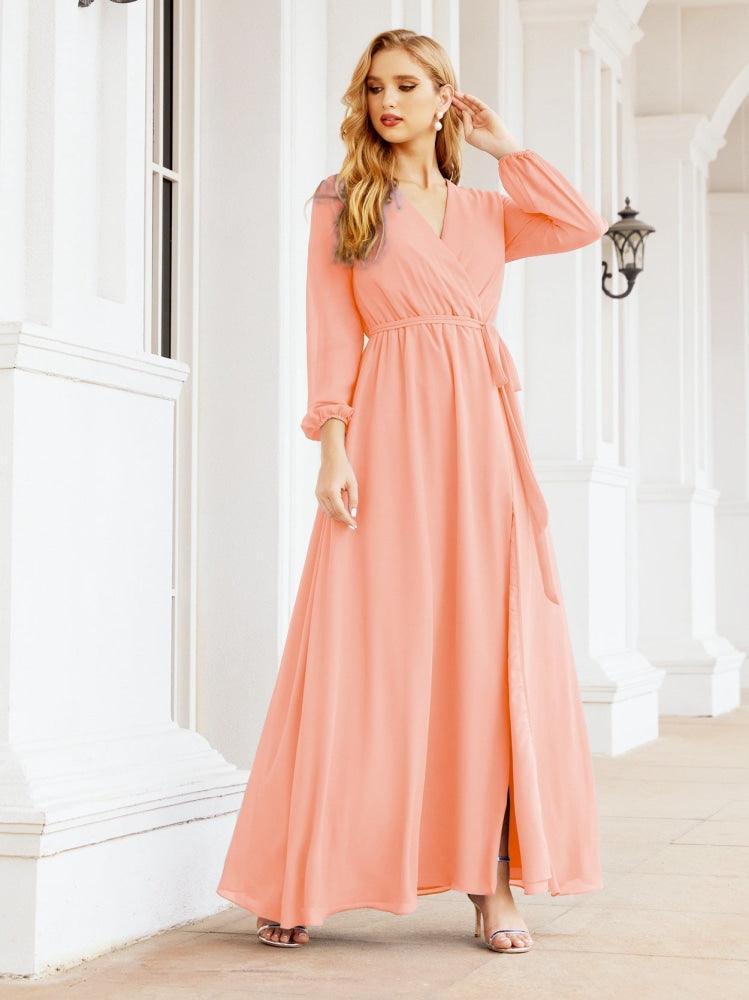 Numbersea Women's Chiffon Bridesmaid Dress A line Long Sleeves Formal Evening Prom Gown for Wedding Guest 28032-numbersea