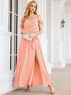 Numbersea Off The Shoulder Chiffon Bridesmaid Dress Long Formal Graduation Gown with Cowl Back 28069-numbersea