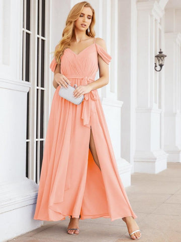Numbersea Off The Shoulder Chiffon Bridesmaid Dress Long Formal Graduation Gown with Cowl Back 28069-numbersea