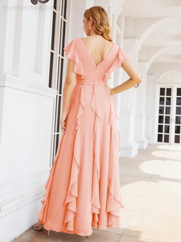 Ruffled Bridesmaid Dresses with Sleeves Long Formal Party Dress 28041-numbersea