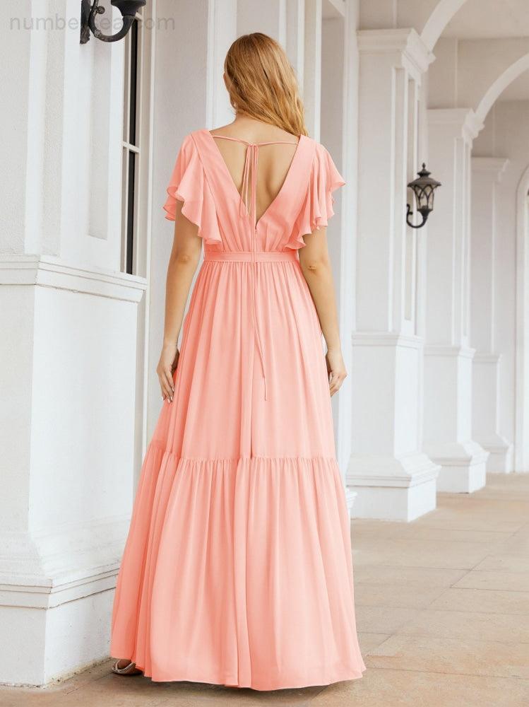 Numbersea Women's Open Back Formal Evening Party Prom Gowns V-Neck Long Chiffon Bridesmaid Dresses with Waist Belt 28038-numbersea