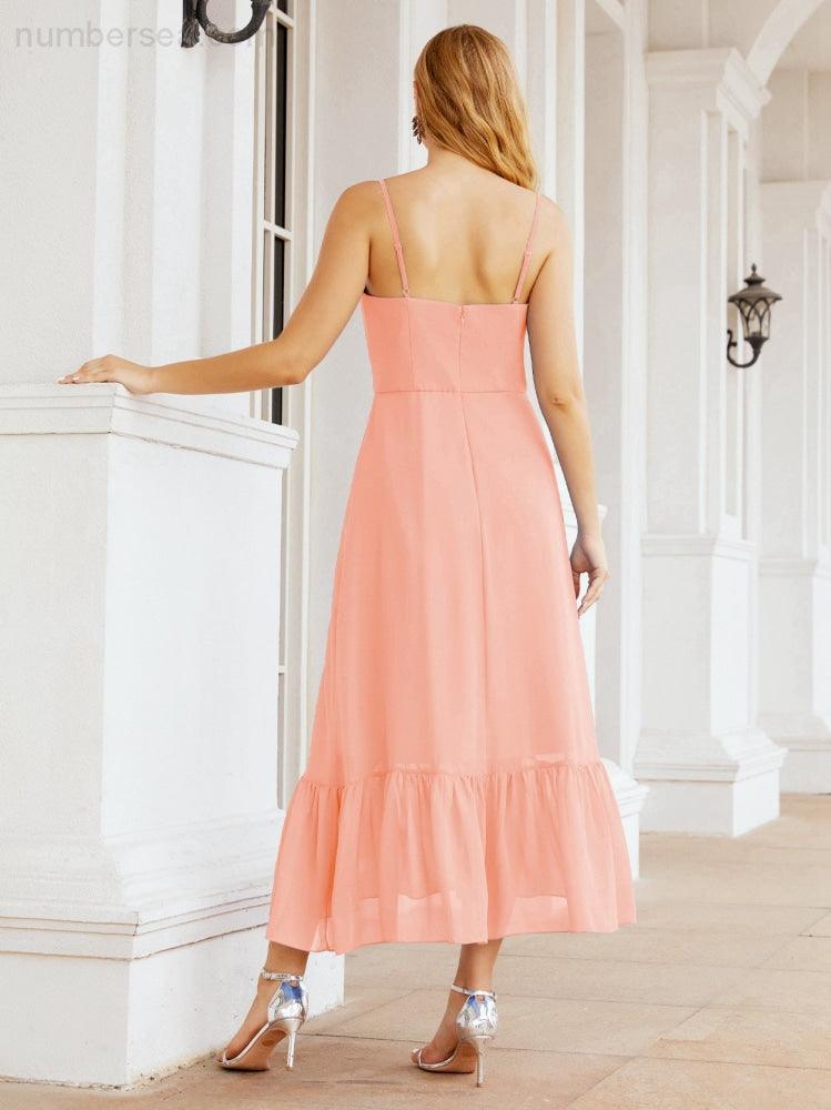 Numbersea Women Strap Chiffon Bridesmaid Dress Ankle Length Sleeveless Blackless Ruffle A Line