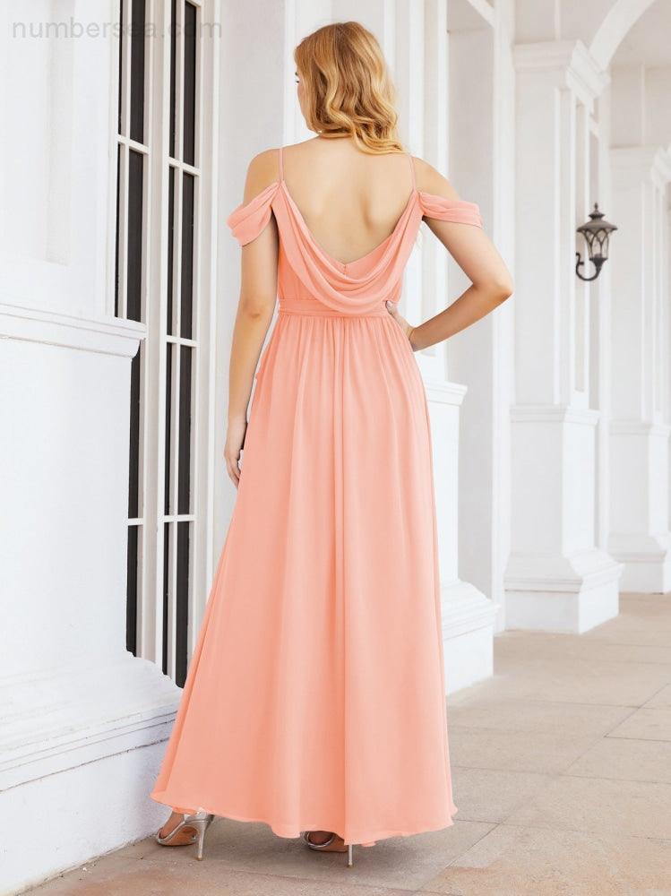 Numbersea Off The Shoulder Chiffon Bridesmaid Dress Long Formal Graduation Gown with Cowl Back 28069-numbersea