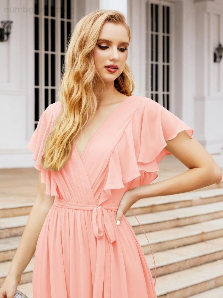 Numbersea Women's Open Back Formal Evening Party Prom Gowns V-Neck Long Chiffon Bridesmaid Dresses with Waist Belt 28038-numbersea