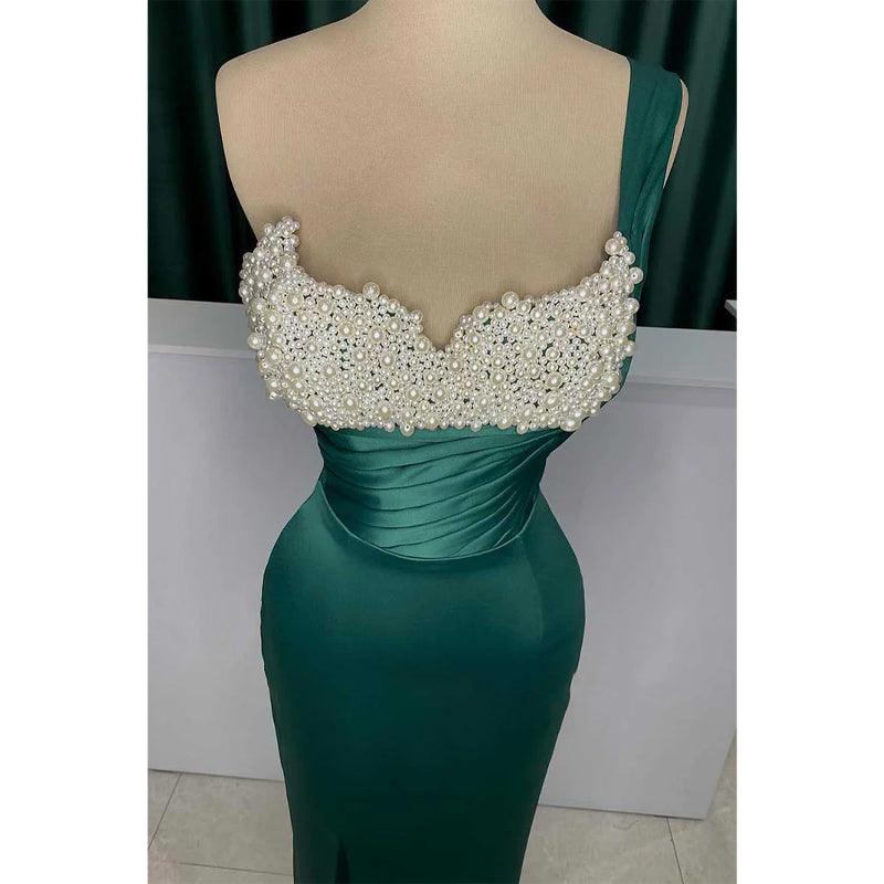 Vestido de noche de satén con hombros descubiertos, cuentas y cola desmontable para fiesta de graduación 