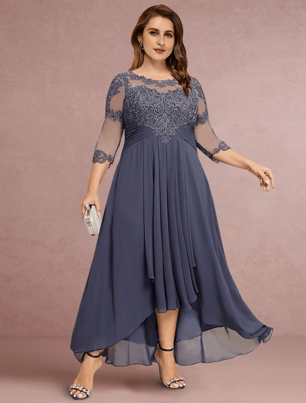 Sheath / Column Mother of the Bride Dress Wedding Guest Elegant Jewel Neck Asymmetrical Chiffon Lace 3/4 Length Sleeve with Pleats Solid Color