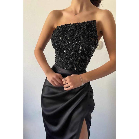 Strapless Sequins Top Black Long Prom Party Dress with Slit