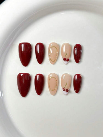 Uñas postizas de gel color rojo cereza hechas a mano, uñas postizas a presión