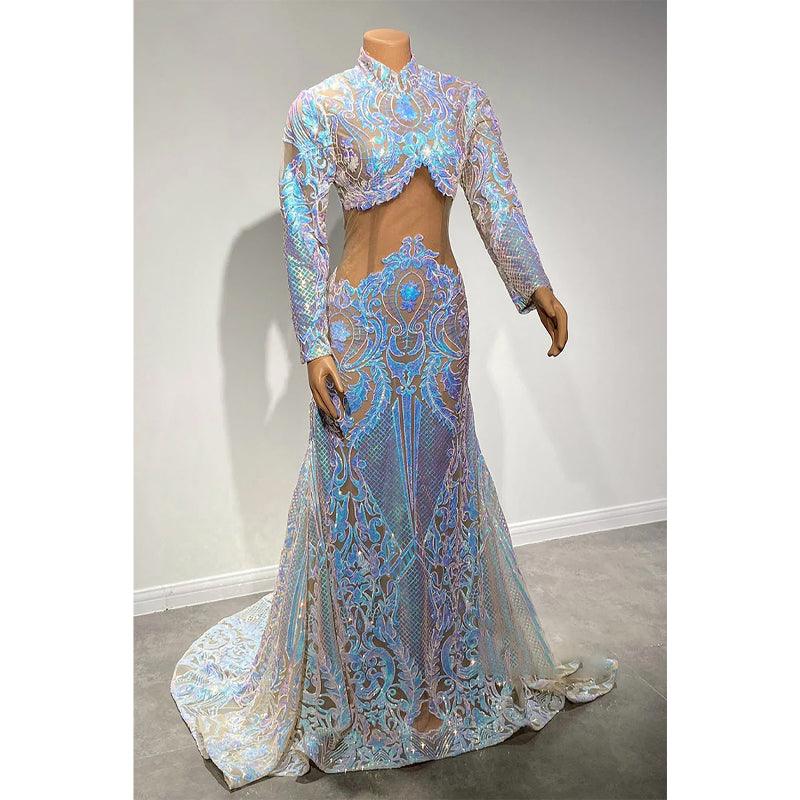Vestido de fiesta de sirena con apliques de lentejuelas y cuello alto único para chica negra 