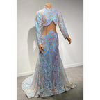 Vestido de fiesta de sirena con apliques de lentejuelas y cuello alto único para chica negra 
