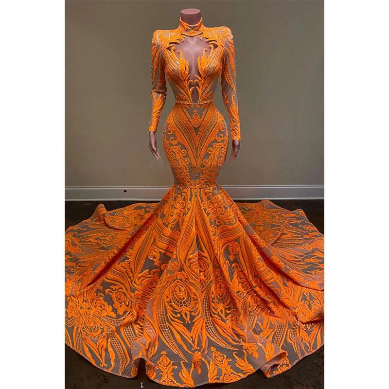 Vestido de fiesta estilo sirena americana con escote alto, apliques de lentejuelas y mangas largas 