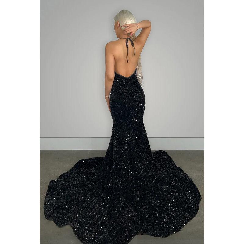 Vestido de noche largo de sirena con escote en V, espalda descubierta, lentejuelas y cola larga