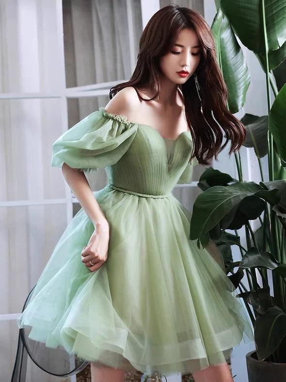 Vestido de fiesta de tul verde claro hasta la rodilla con hombros descubiertos, vestido de graduación, vestido verde de regreso a casa