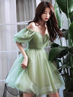 Vestido de fiesta de tul verde claro hasta la rodilla con hombros descubiertos, vestido de graduación, vestido verde de regreso a casa