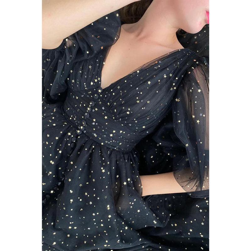 Vestido formal de encaje con estrellas negras, escote en V pronunciado y bolsillos 