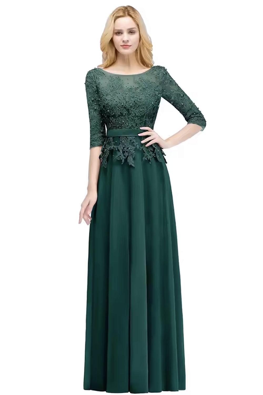 Numbersea A-line Floor Length Half Sleeves Appliques Bridesmaid Dresses with Sash