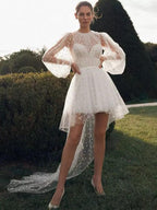 Short Wedding Dress Round Neck Long Sleeve Buttoned on the Back Princess Gown Dot Satin Mermaid Bow Satin Court Train Sleeves White Modern Bridal Vestido De Novia