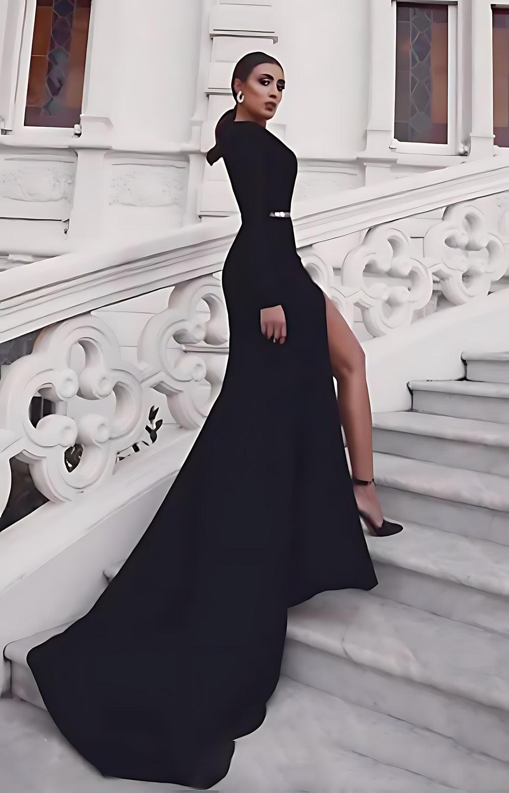 Vestido de noche negro de sirena, vestido sexy de fiesta, vestido de gala de etiqueta, cola de corte, manga larga, hombros descubiertos, cinturón/faja de algodón con abertura