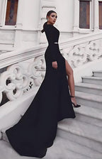 Vestido de noche negro de sirena, vestido sexy de fiesta, vestido de gala de etiqueta, cola de corte, manga larga, hombros descubiertos, cinturón/faja de algodón con abertura