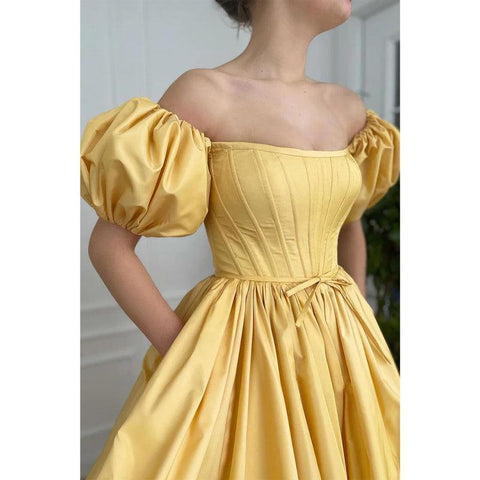 Strapless Short Sleeves Yellow Satin High Split Long Prom Dress with Pockets