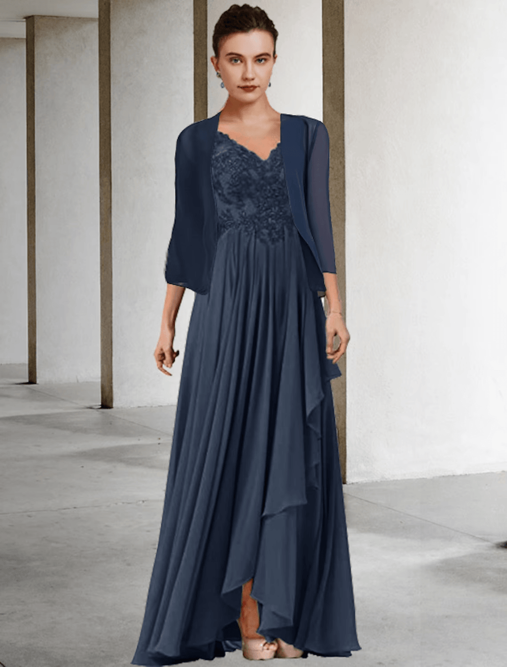 Vestido de madre de la novia de dos piezas, corte en A, talla grande, elegante, escote en V alto bajo, asimétrico, largo hasta el suelo, de gasa, encaje, media manga, cruzado, chaqueta incluida, vestidos con pliegues y apliques