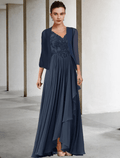 Vestido de madre de la novia de dos piezas, corte en A, talla grande, elegante, escote en V alto bajo, asimétrico, largo hasta el suelo, de gasa, encaje, media manga, cruzado, chaqueta incluida, vestidos con pliegues y apliques