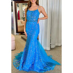 Sparkly Spaghetti Straps Lace Applique Trumpet Party Prom Evening Dress