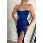 Sweetheart Spaghetti Straps Beaded Ruched Prom Dress With Slit