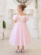 Vestido de tul para niña de las flores, largo hasta la rodilla, con mangas abullonadas y hombros descubiertos, apliques florales 3D 