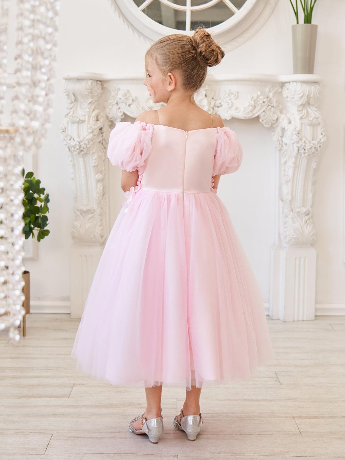 Vestido de tul para niña de las flores, largo hasta la rodilla, con mangas abullonadas y hombros descubiertos, apliques florales 3D 