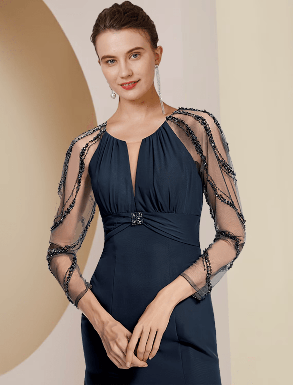 heath / Column Mother of the Bride Dress Wedding Guest Vintage Elegant V Neck Floor Length Chiffon Long Sleeve with Pleats Sequin