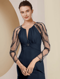 heath / Column Mother of the Bride Dress Wedding Guest Vintage Elegant V Neck Floor Length Chiffon Long Sleeve with Pleats Sequin