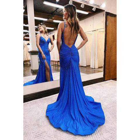 Simple Asual Spaghetti Straps V-Neck Mermaid Slit Evening Party Prom Dress